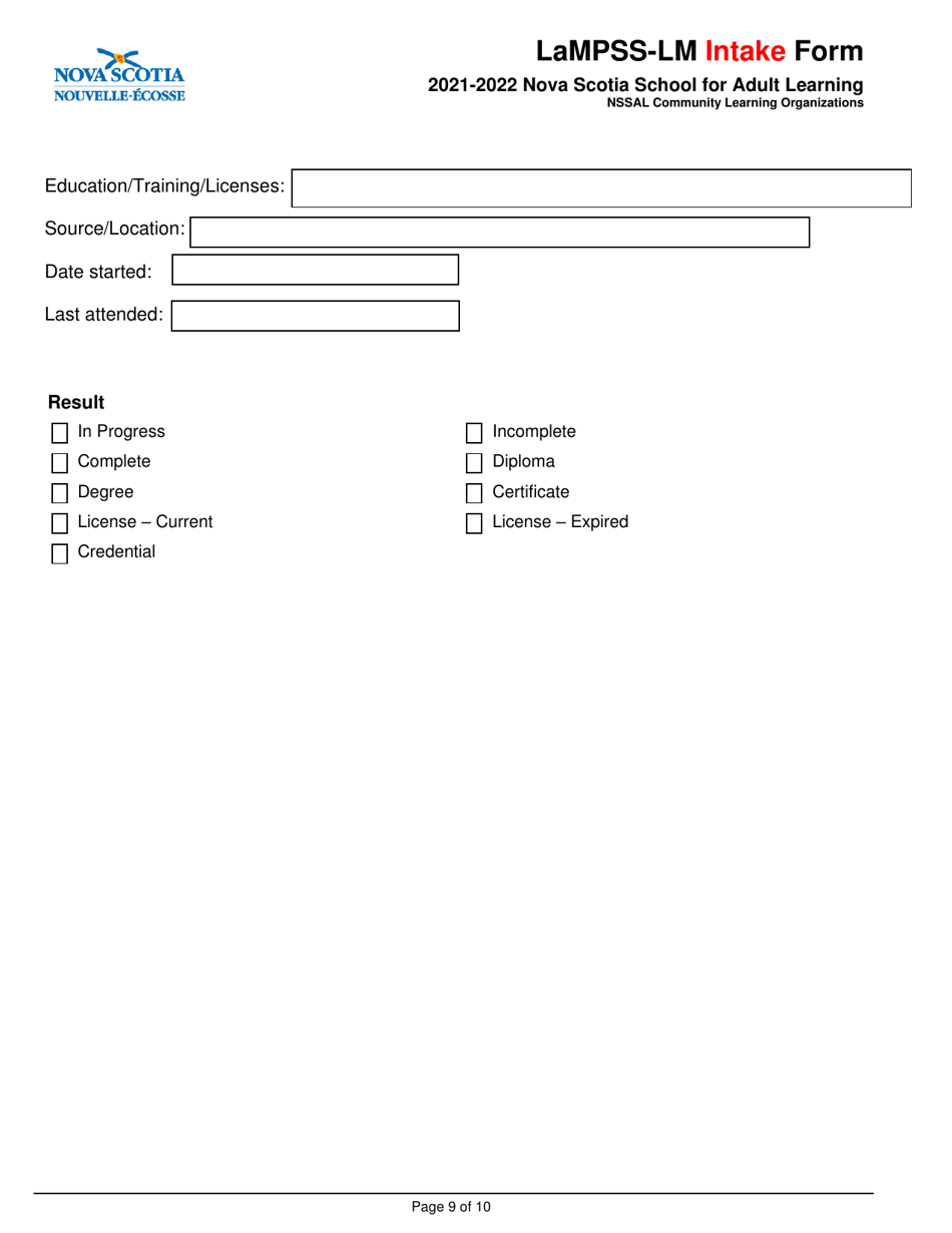Lampss-Lm Intake Form - Nova Scotia, Canada, Page 9