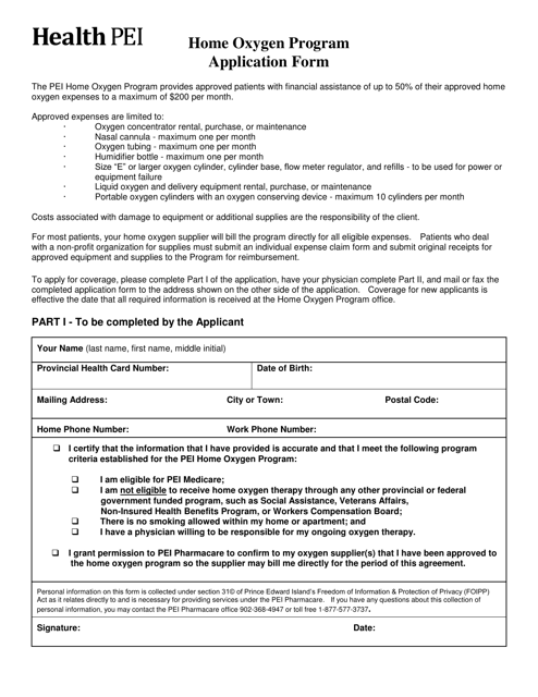 Home Oxygen Program Application Form - Prince Edward Island, Canada