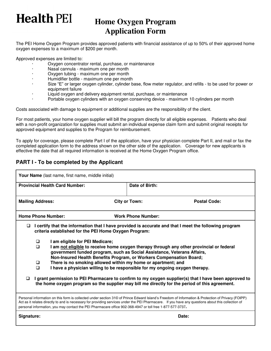 Home Oxygen Program Application Form - Prince Edward Island, Canada, Page 1