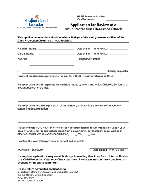 Form 51-08-07-42_300_2015 05 Application for Review of a Child Protection Clearance Check - Newfoundland and Labrador, Canada
