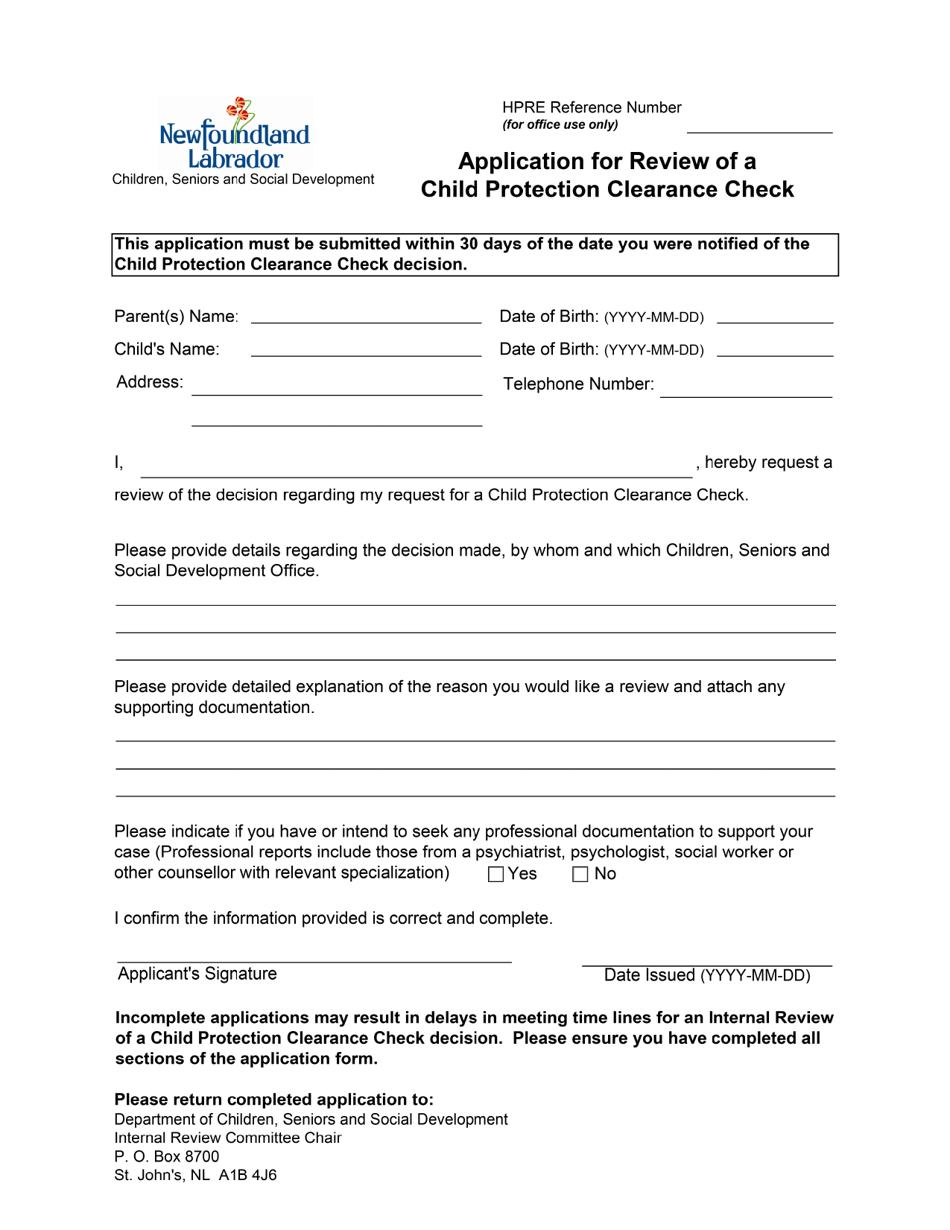 Form 51-08-07-42_300_2015 05 Application for Review of a Child Protection Clearance Check - Newfoundland and Labrador, Canada, Page 1