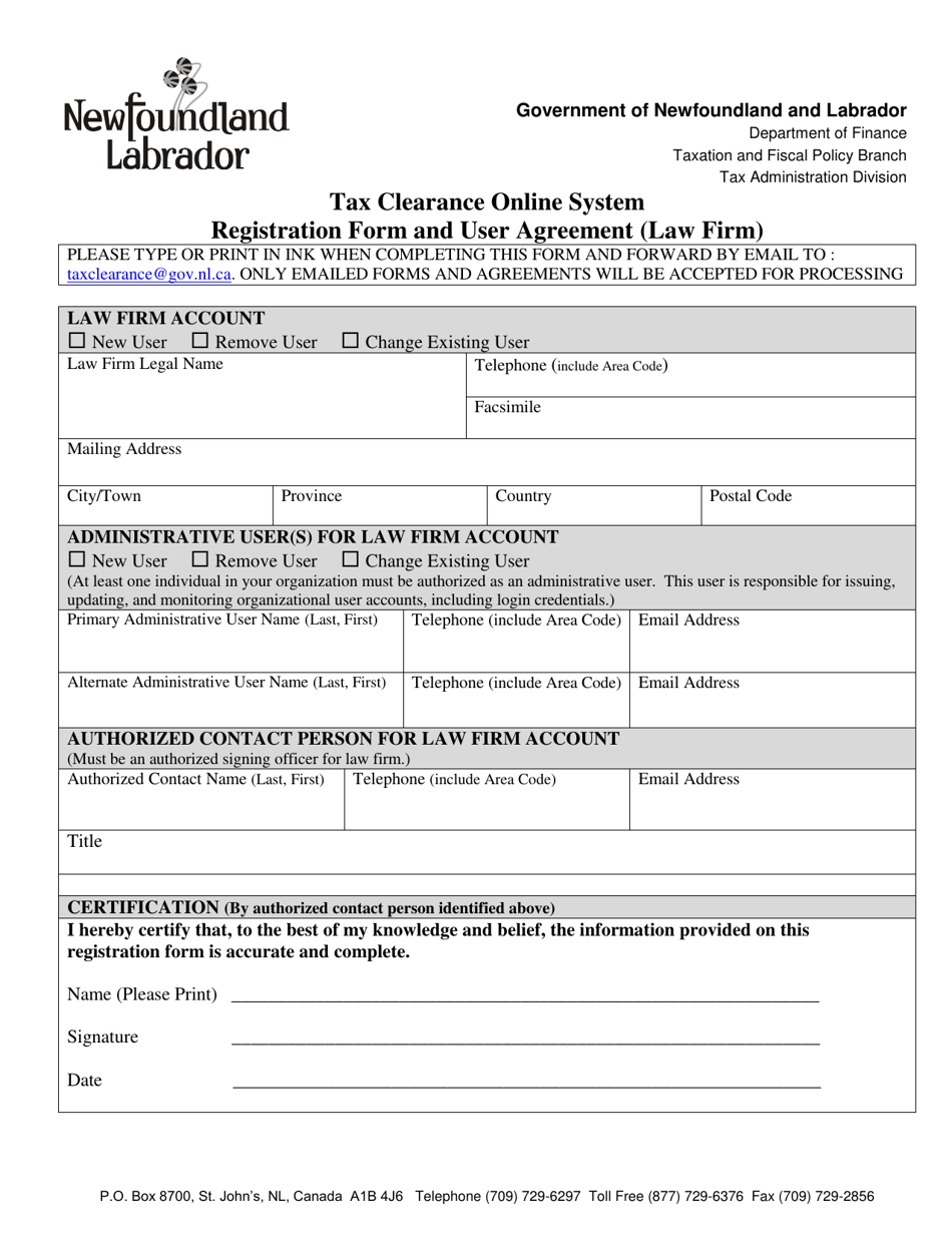 Tax Clearance Online System Registration Form and User Agreement (Law Firm) - Newfoundland and Labrador, Canada, Page 1