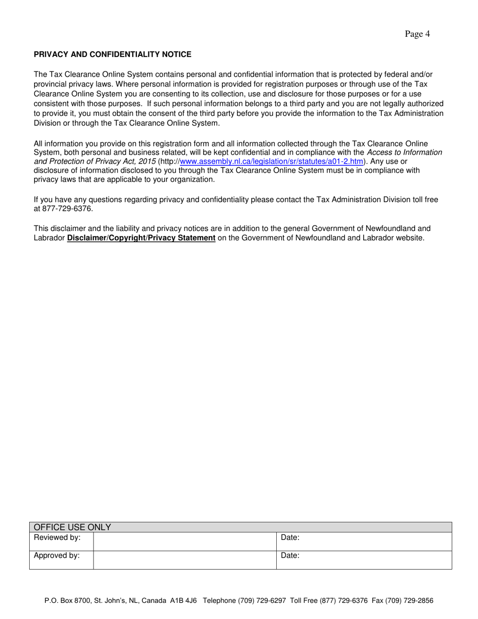 Tax Clearance Online System Registration Form and User Agreement (Law Firm) - Newfoundland and Labrador, Canada, Page 4