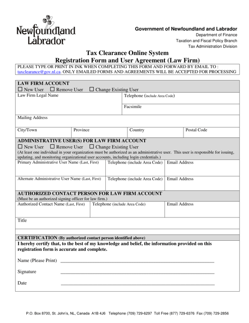 Tax Clearance Online System Registration Form and User Agreement (Law Firm) - Newfoundland and Labrador, Canada