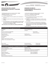 Form NWT9248 Application for a Junior Kindergarten Specialty Teaching Certificate - Northwest Territories, Canada (English/French)