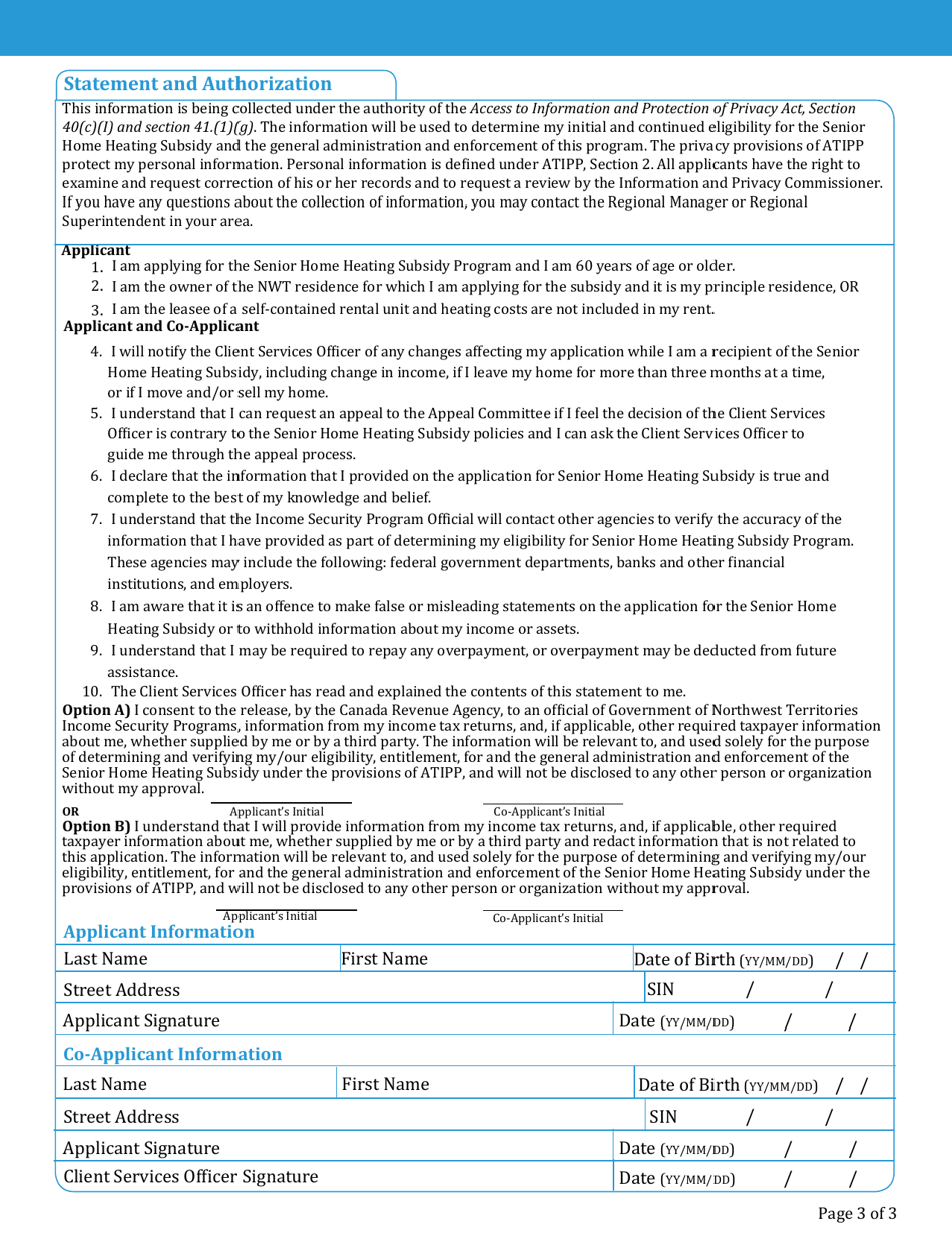 Application for Senior Home Heating Subsidy - Northwest Territories, Canada, Page 3