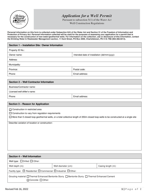 Application for a Well Permit - Prince Edward Island, Canada Download Pdf