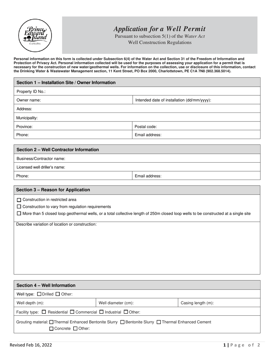 Application for a Well Permit - Prince Edward Island, Canada, Page 1