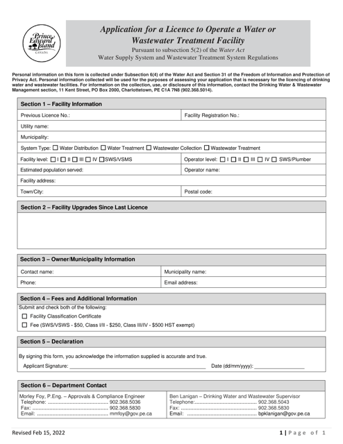 Application for a Licence to Operate a Water or Wastewater Treatment Facility - Prince Edward Island, Canada Download Pdf