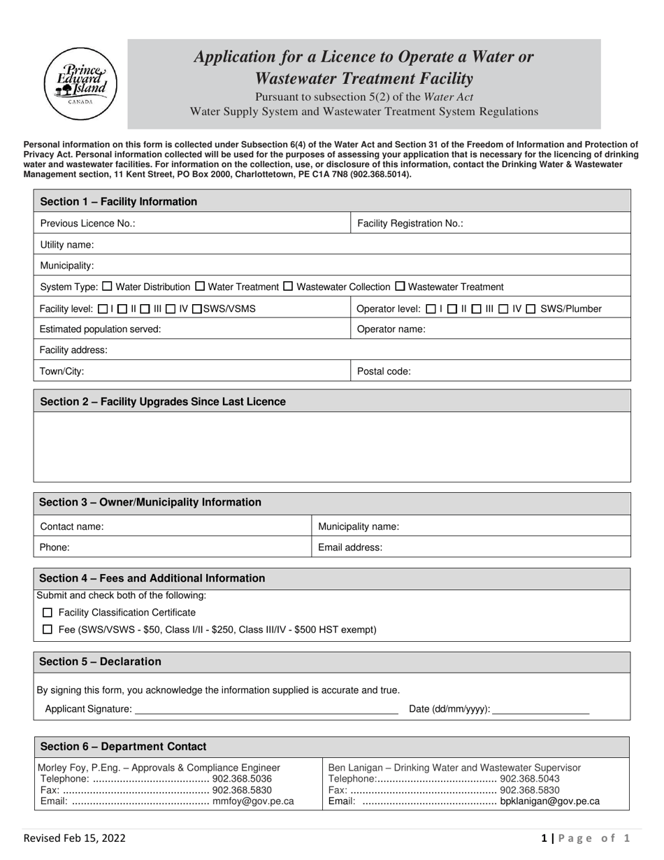 Application for a Licence to Operate a Water or Wastewater Treatment Facility - Prince Edward Island, Canada, Page 1