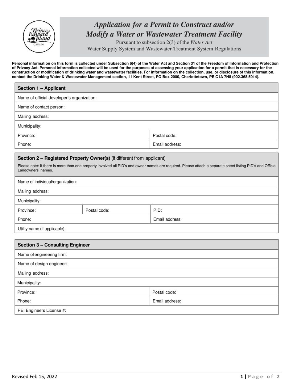 Application for a Permit to Construct and / or Modify a Water or Wastewater Treatment Facility - Prince Edward Island, Canada, Page 1