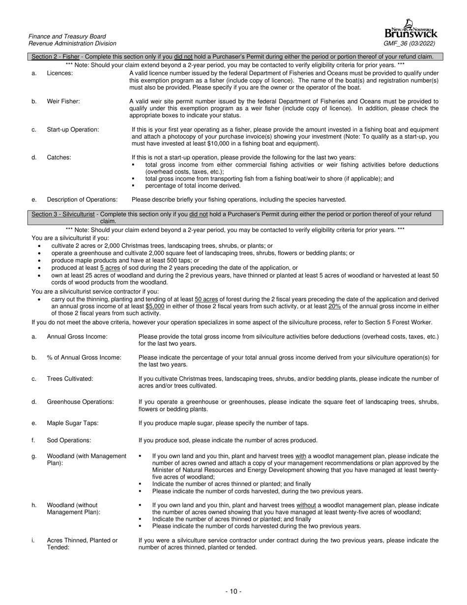 Form GMF_36 Gasoline, Motive Fuel and Carbon Emitting Product Refund Application - Aquaculturist, Fisher, Silviculturist, Wood Producer, Forest Worker, Manufacturer, Mining and Quarrying Operator - New Brunswick, Canada, Page 10
