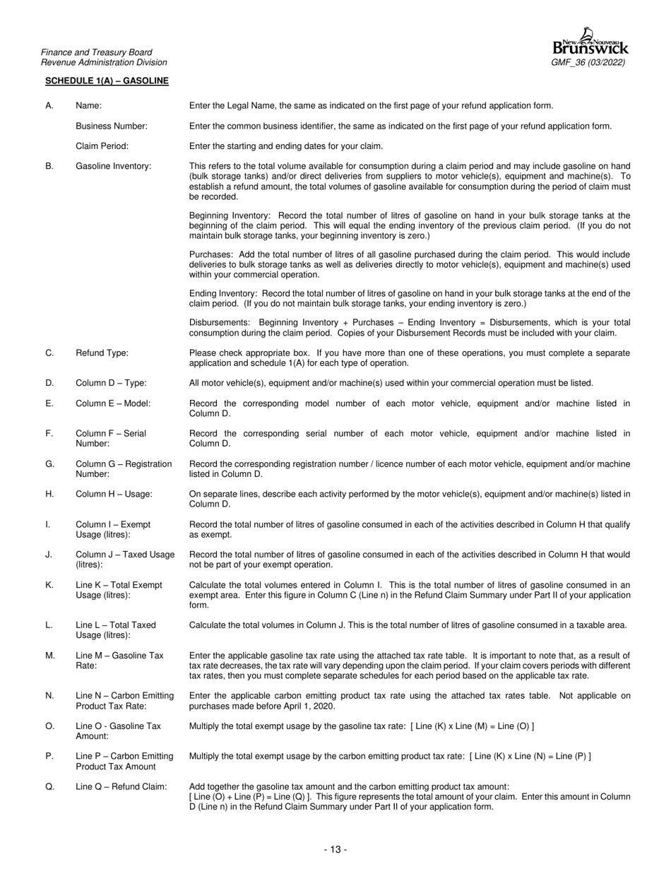 Form GMF_36 Gasoline, Motive Fuel and Carbon Emitting Product Refund Application - Aquaculturist, Fisher, Silviculturist, Wood Producer, Forest Worker, Manufacturer, Mining and Quarrying Operator - New Brunswick, Canada, Page 13