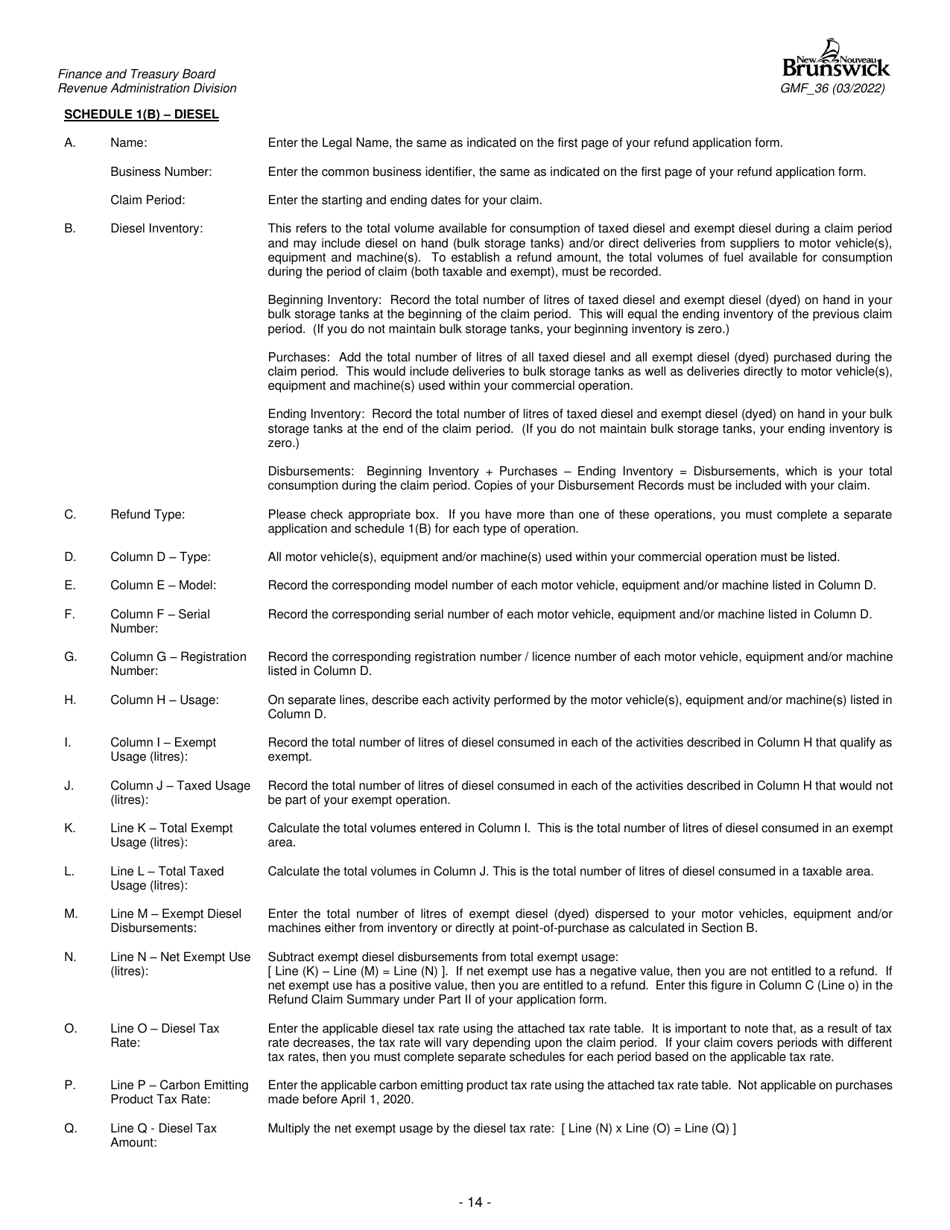 Form GMF_36 Gasoline, Motive Fuel and Carbon Emitting Product Refund Application - Aquaculturist, Fisher, Silviculturist, Wood Producer, Forest Worker, Manufacturer, Mining and Quarrying Operator - New Brunswick, Canada, Page 14