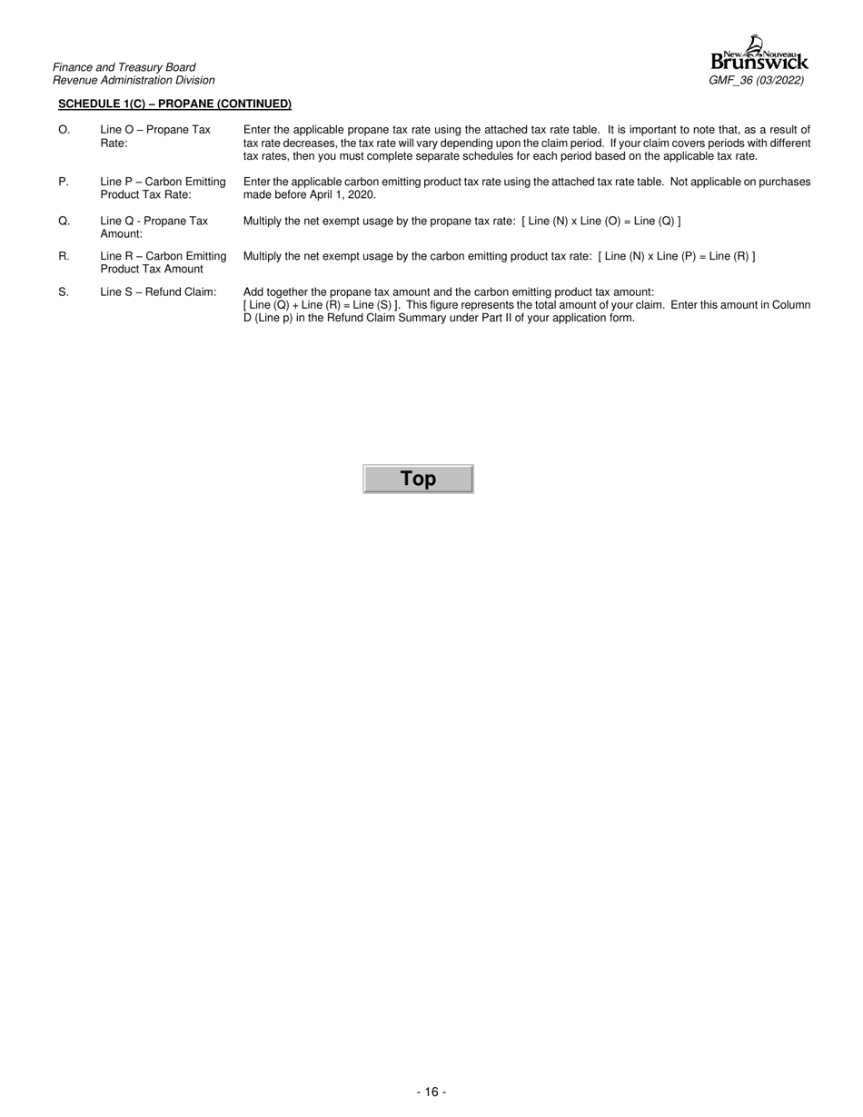 Form GMF_36 Gasoline, Motive Fuel and Carbon Emitting Product Refund Application - Aquaculturist, Fisher, Silviculturist, Wood Producer, Forest Worker, Manufacturer, Mining and Quarrying Operator - New Brunswick, Canada, Page 16