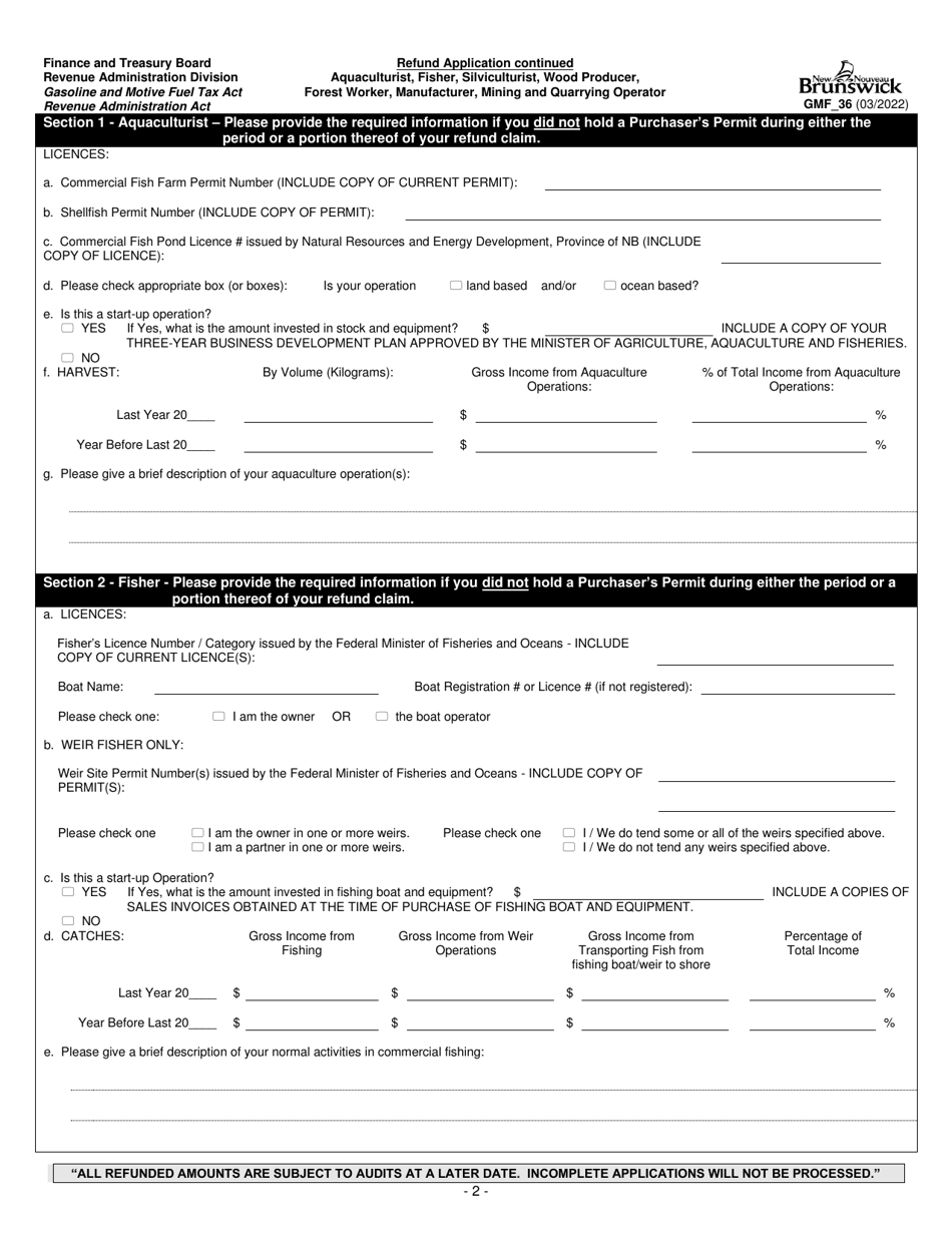 Form GMF_36 Gasoline, Motive Fuel and Carbon Emitting Product Refund Application - Aquaculturist, Fisher, Silviculturist, Wood Producer, Forest Worker, Manufacturer, Mining and Quarrying Operator - New Brunswick, Canada, Page 2