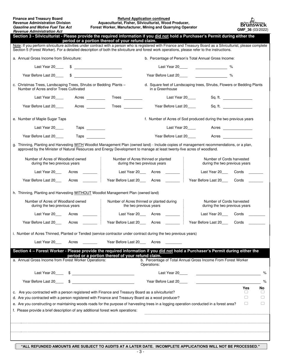 Form GMF_36 Gasoline, Motive Fuel and Carbon Emitting Product Refund Application - Aquaculturist, Fisher, Silviculturist, Wood Producer, Forest Worker, Manufacturer, Mining and Quarrying Operator - New Brunswick, Canada, Page 3