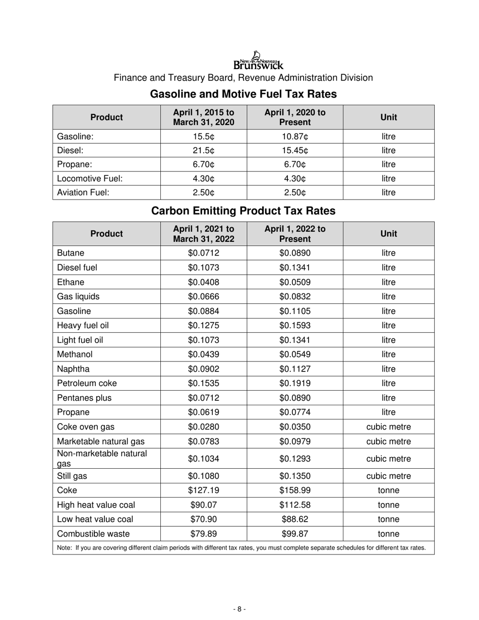 Form GMF_36 Gasoline, Motive Fuel and Carbon Emitting Product Refund Application - Aquaculturist, Fisher, Silviculturist, Wood Producer, Forest Worker, Manufacturer, Mining and Quarrying Operator - New Brunswick, Canada, Page 8