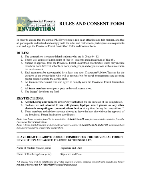 Envirothon Rules and Consent Form - Prince Edward Island, Canada Download Pdf