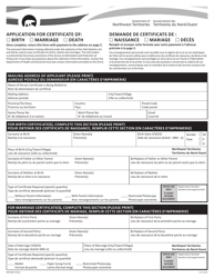Form NWT8627 &quot;Application for Certificate of Birth/Marriage/Death&quot; - Northwest Territories, Canada (English/French)