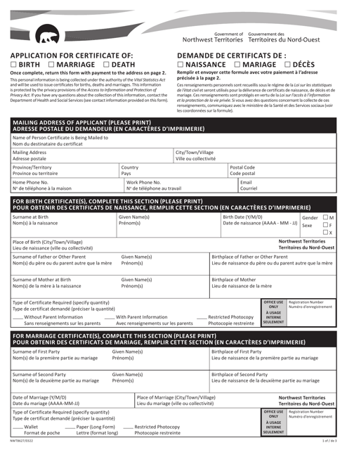 Form NWT8627 Application for Certificate of Birth/Marriage/Death - Northwest Territories, Canada (English/French)