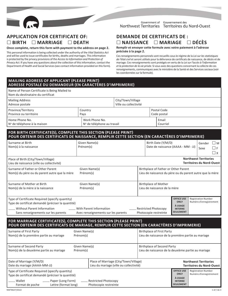 Form NWT8627 Application for Certificate of Birth / Marriage / Death - Northwest Territories, Canada (English / French), Page 1