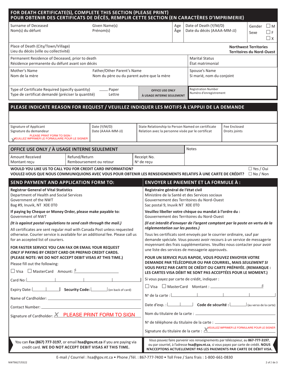 Form NWT8627 Application for Certificate of Birth / Marriage / Death - Northwest Territories, Canada (English / French), Page 2