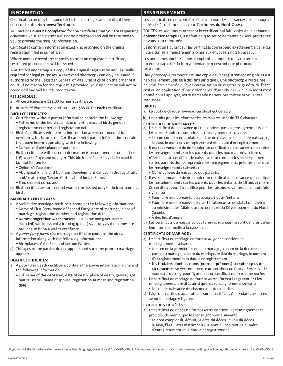Form NWT8627 Application for Certificate of Birth / Marriage / Death - Northwest Territories, Canada (English / French), Page 3