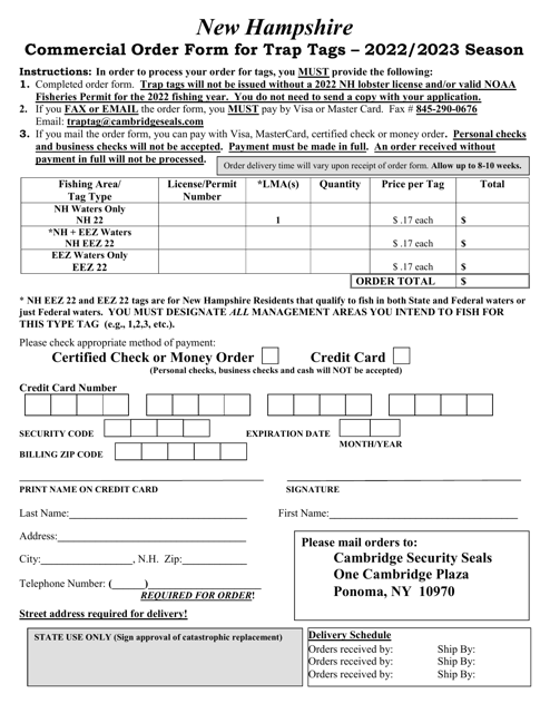 Commercial Order Form for Trap Tags - New Hampshire, 2023