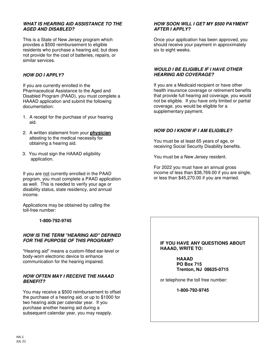 Form HA-1 Eligibility Application - Hearing Aid Assistance to the Aged and Disabled (Haaad) - New Jersey, Page 2