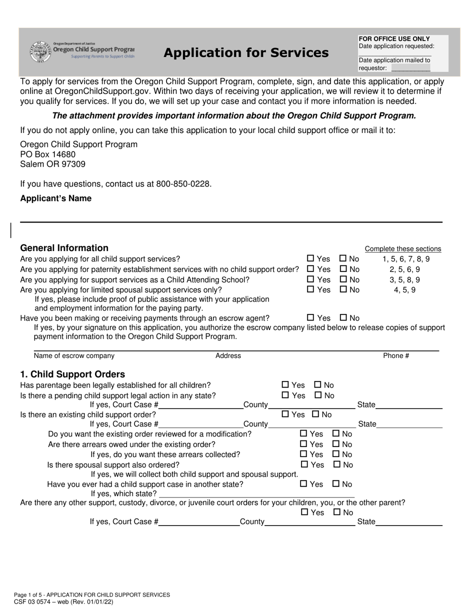 Form CSF03 0574 Application for Child Support Services - Oregon, Page 1