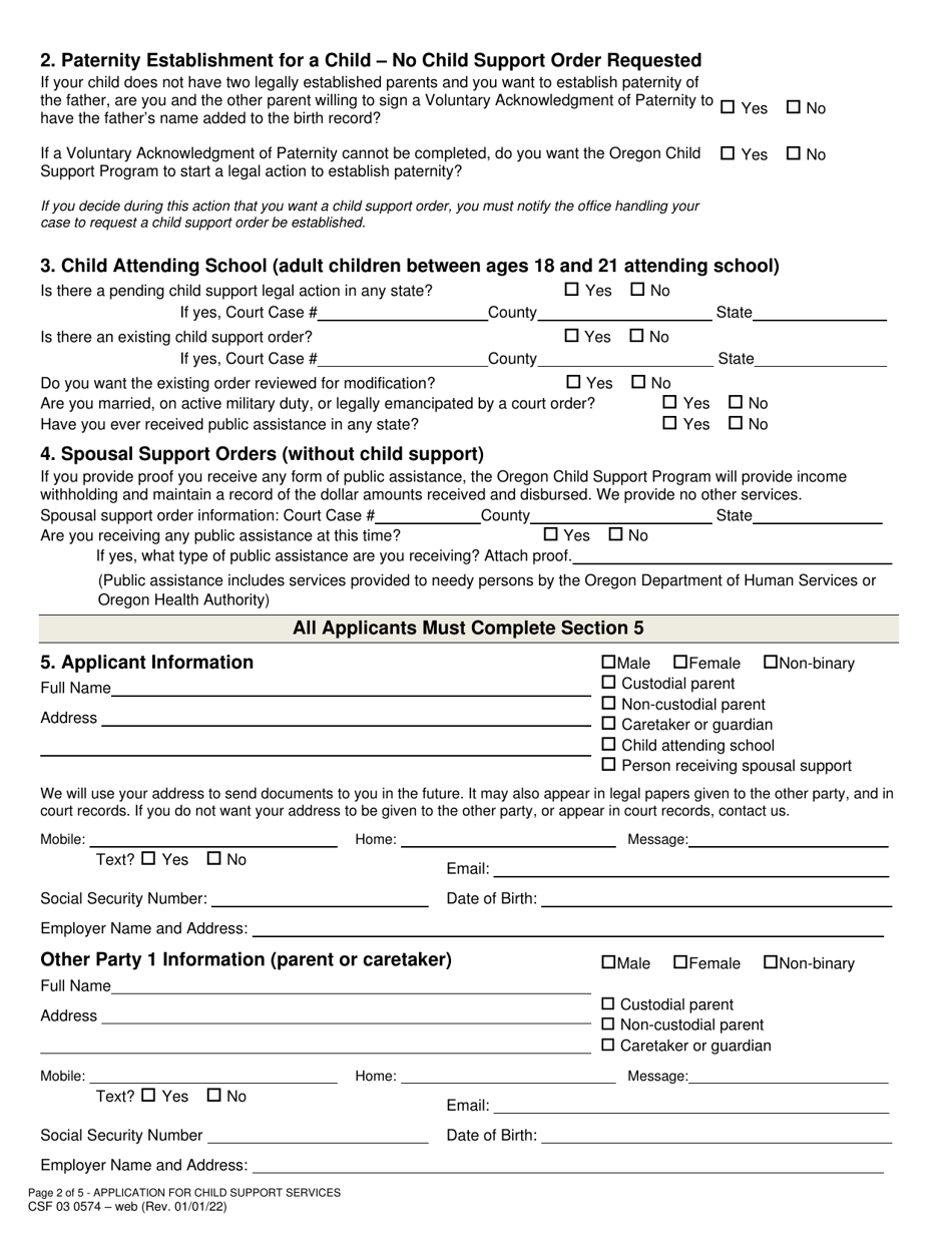 Form CSF03 0574 Application for Child Support Services - Oregon, Page 2