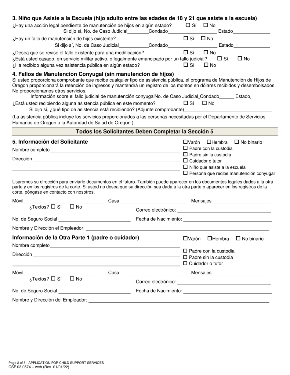 Formulario CSF03 0574 Solicitud De Servicios - Oregon (Spanish), Page 2