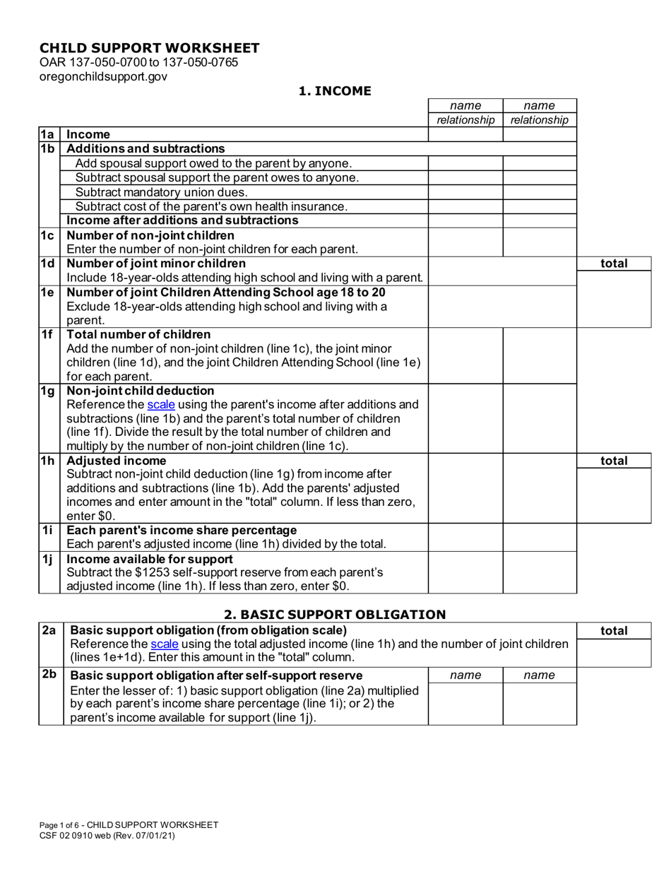 Form CSF02 0910 Child Support Worksheet - Oregon, Page 1