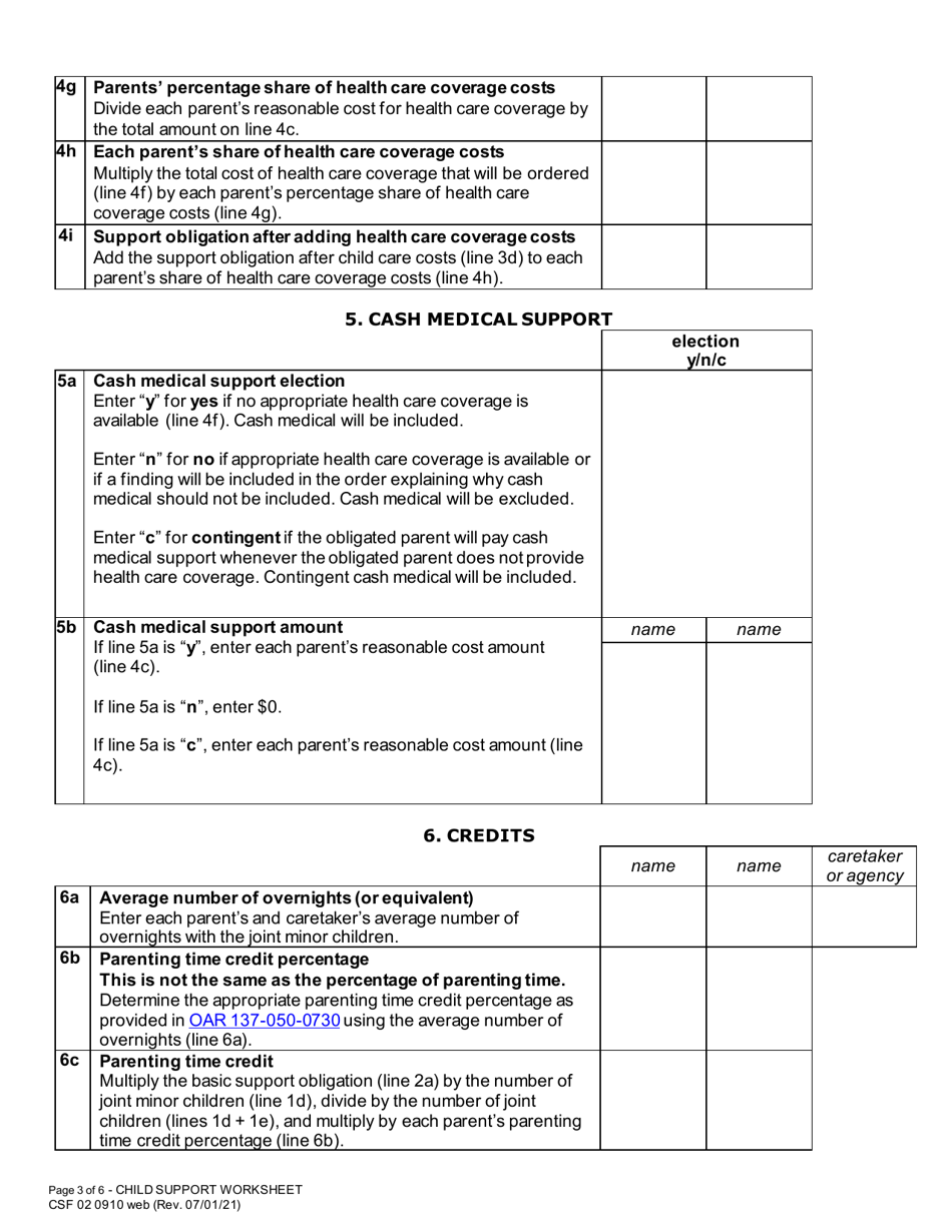 Form CSF02 0910 Child Support Worksheet - Oregon, Page 3