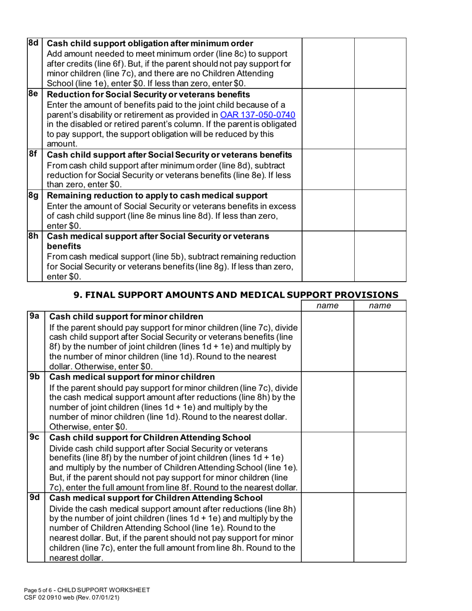 Form CSF02 0910 Child Support Worksheet - Oregon, Page 5