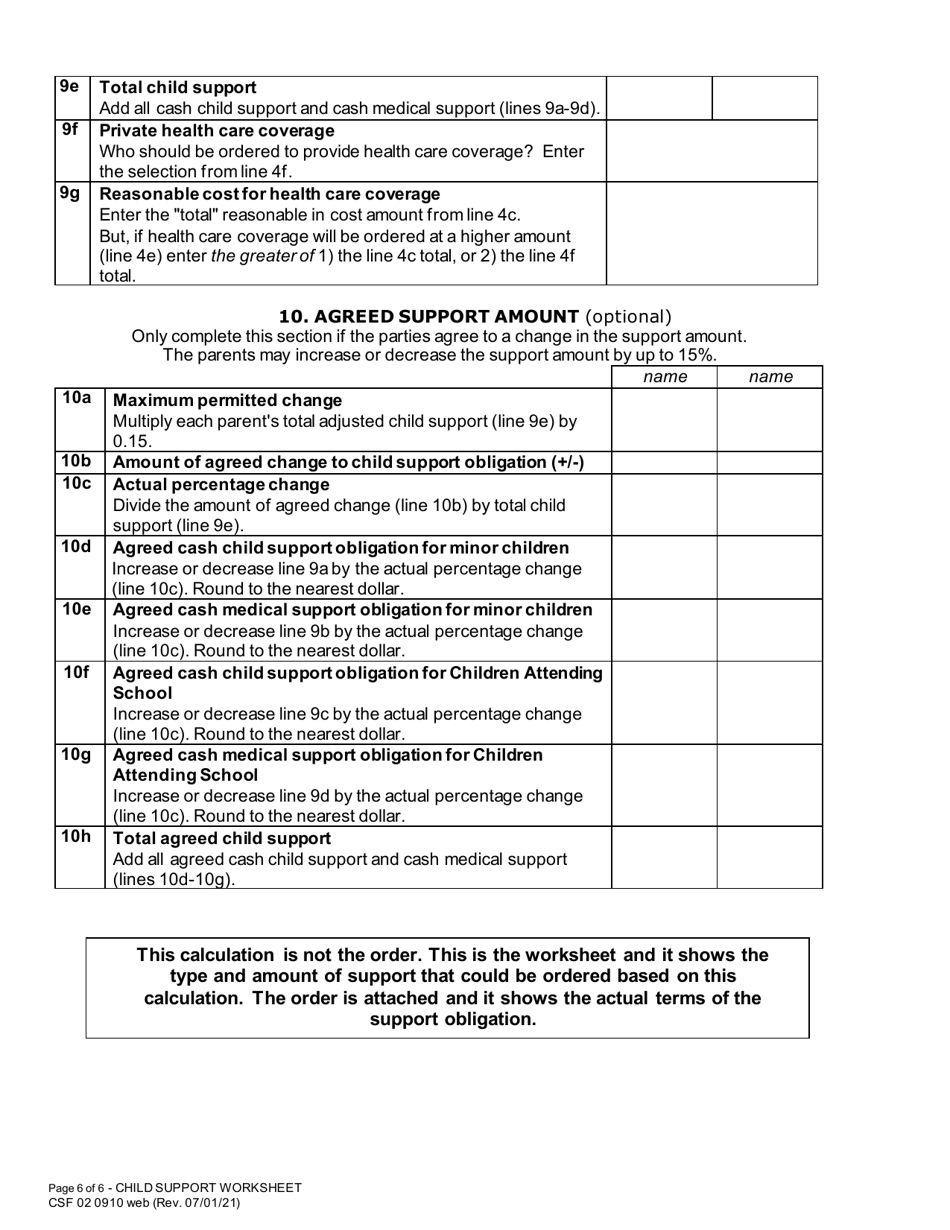 Form CSF02 0910 Child Support Worksheet - Oregon, Page 6