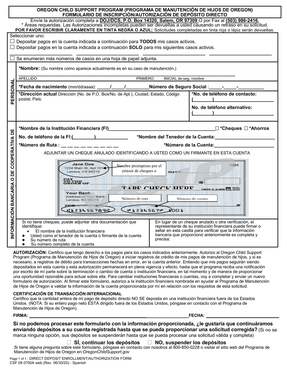 Formulario CSF08 0700A Formulario De Inscripcion / Autorizacion De Deposito Directo - Programa De Manutencion De Hijos De Oregon - Oregon (Spanish), Page 1