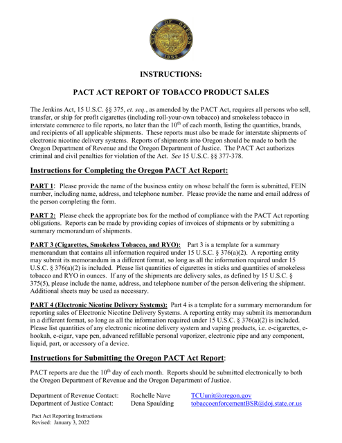 Instructions for Pact Act Report of Tobacco Product Sales - Oregon