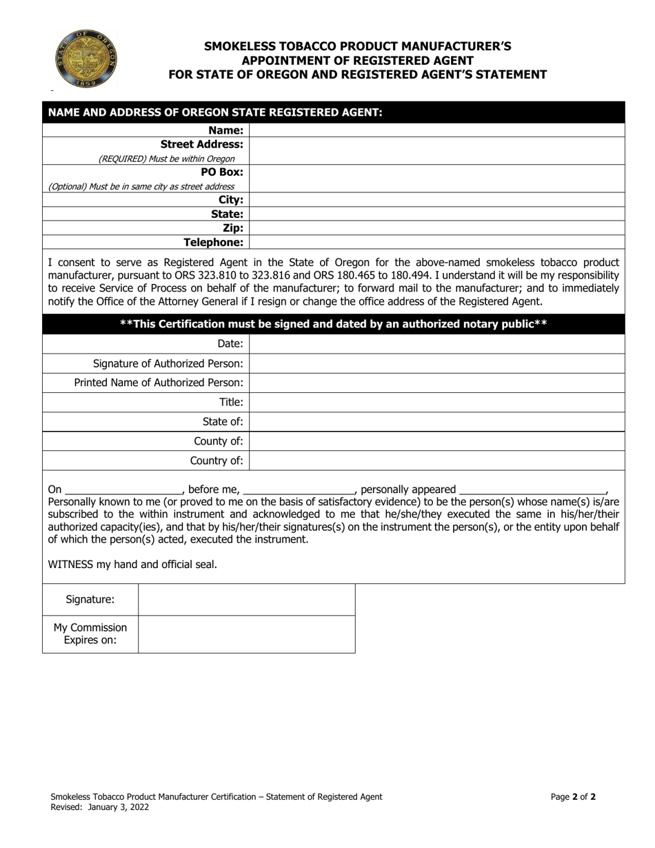 Smokeless Tobacco Product Manufacturers Appointment of Registered Agent for State of Oregon and Registered Agents Statement - Oregon, Page 2