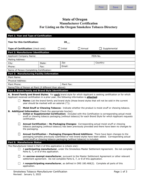 Manufacturer Certification for Listing on the Oregon Smokeless Tobacco Directory - Oregon Download Pdf