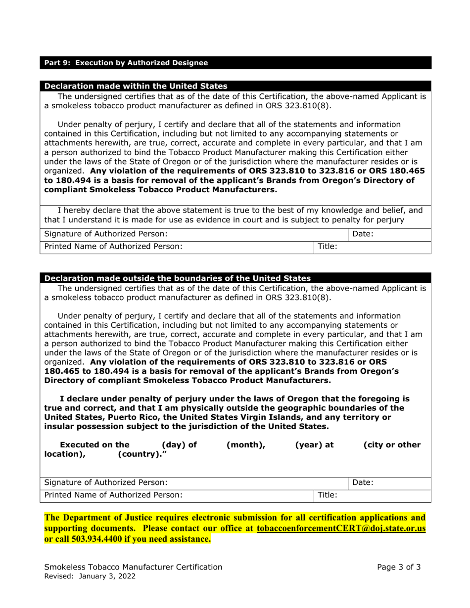Manufacturer Certification for Listing on the Oregon Smokeless Tobacco Directory - Oregon, Page 3