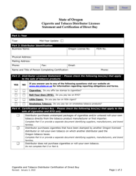 Cigarette and Tobacco Distributor Licensee Statement and Certification of Direct Buy - Oregon