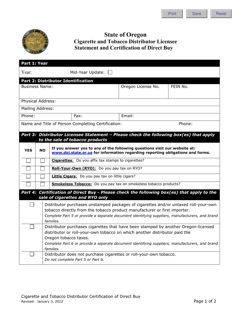 Cigarette and Tobacco Distributor Licensee Statement and Certification of Direct Buy - Oregon, Page 1