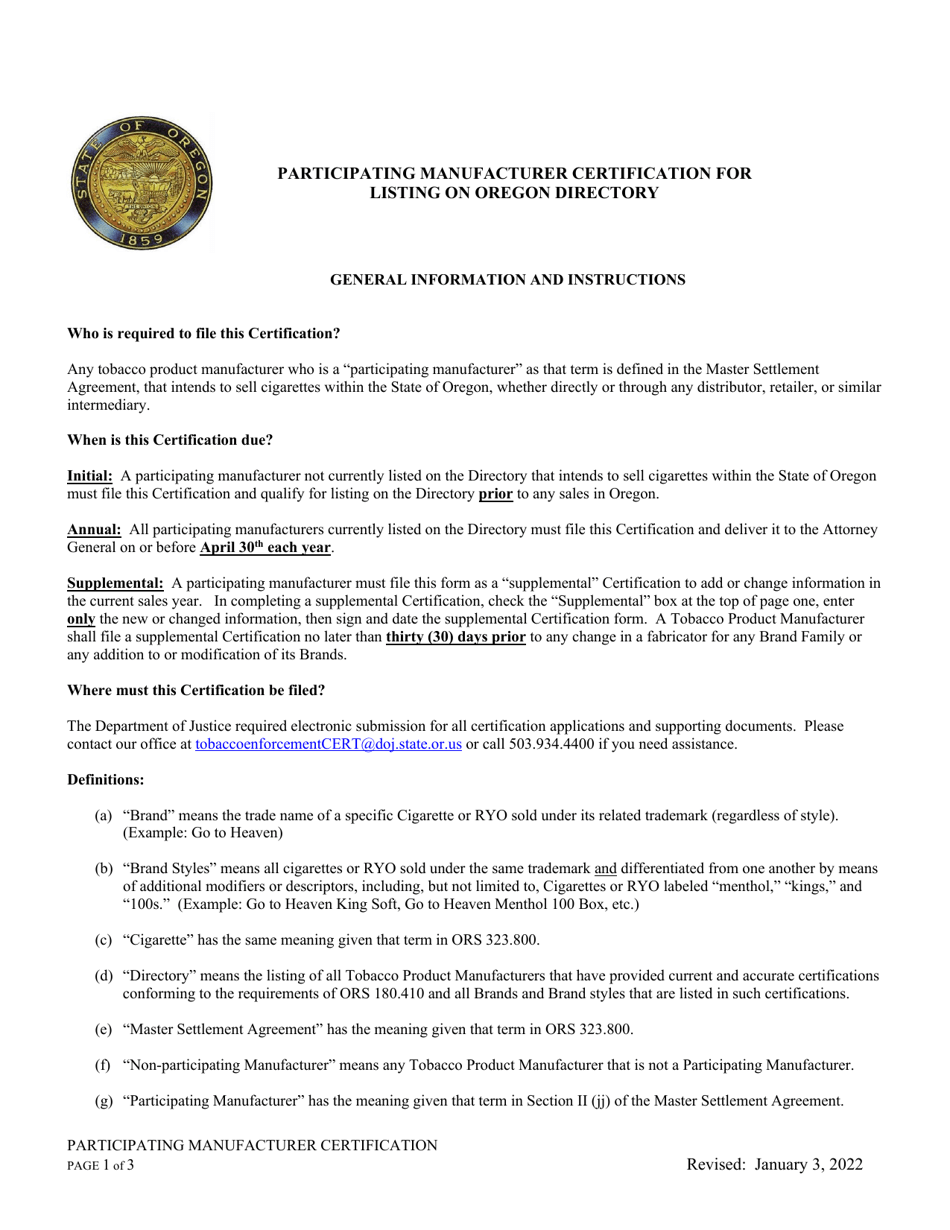 Instructions for Participating Manufacturer Certification for Listing on the Oregon Tobacco Directory - Oregon, Page 1