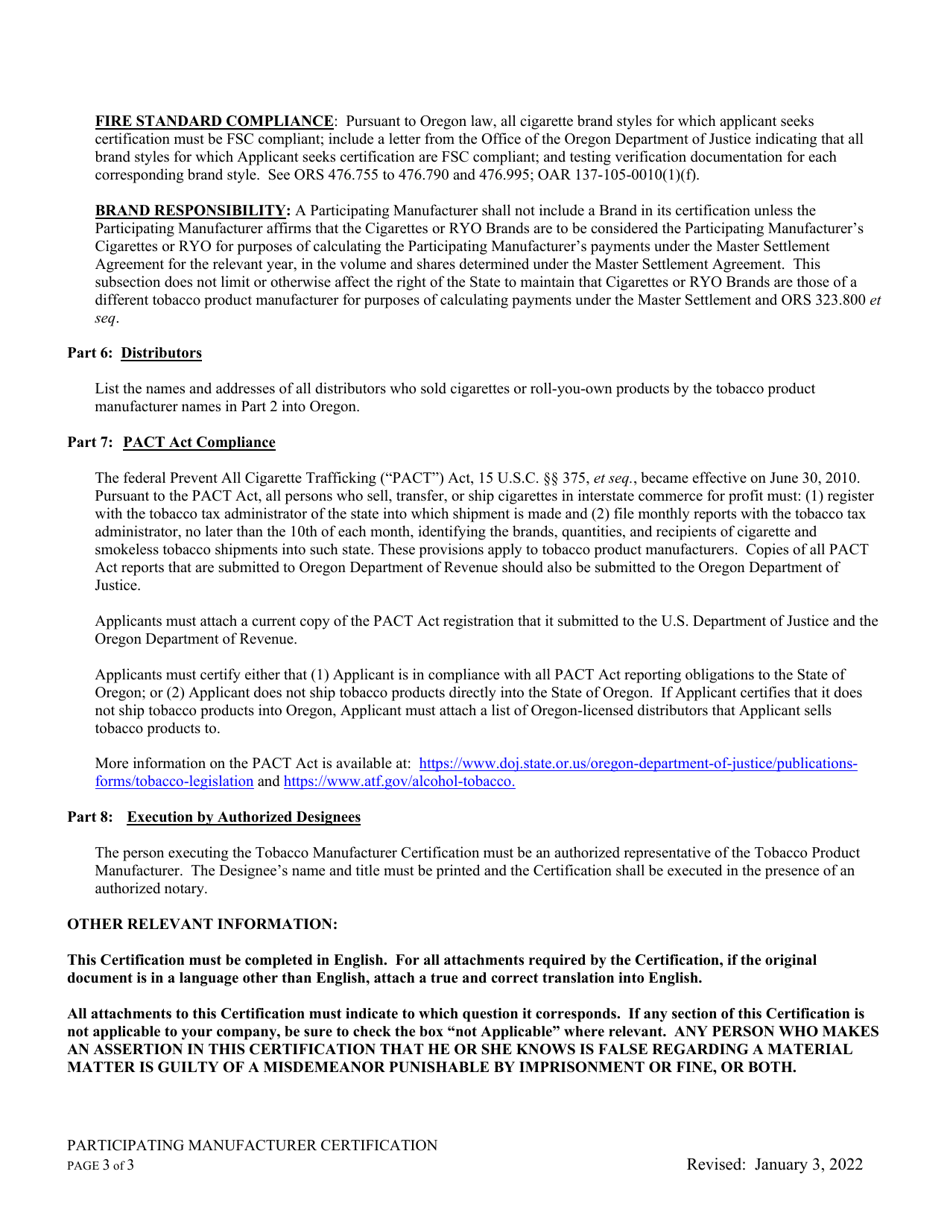 Instructions for Participating Manufacturer Certification for Listing on the Oregon Tobacco Directory - Oregon, Page 3