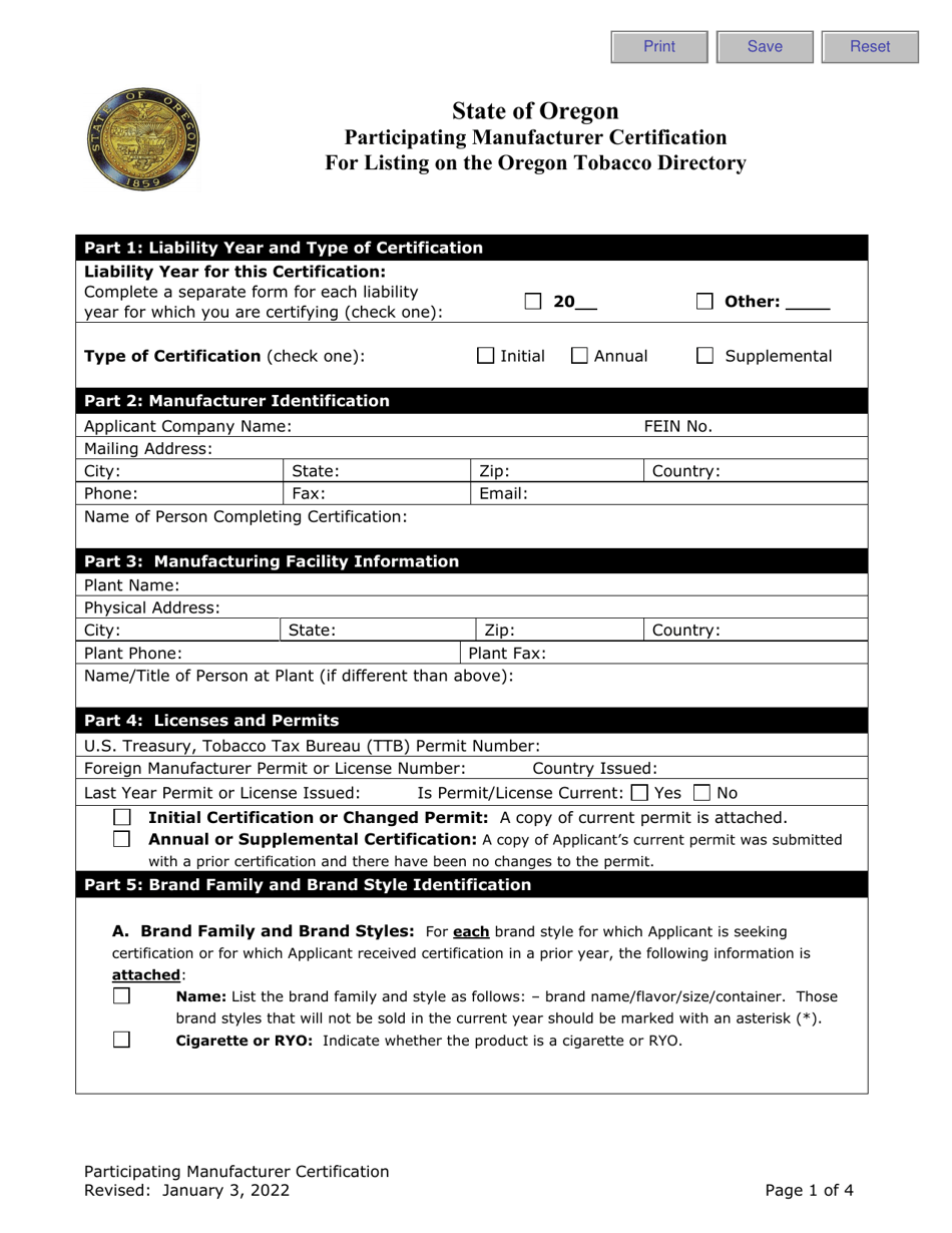 Participating Manufacturer Certification for Listing on the Oregon Tobacco Directory - Oregon, Page 1