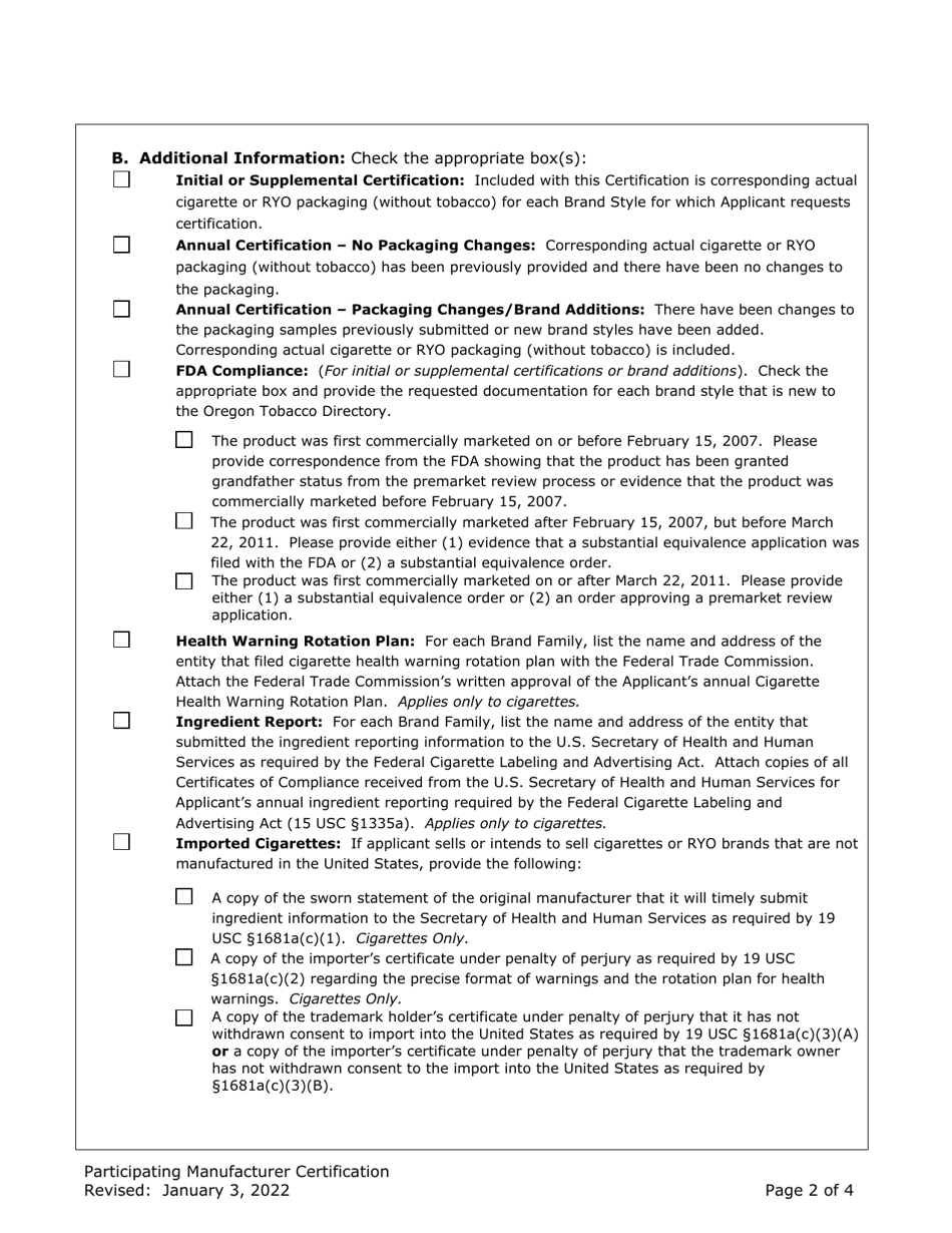 Participating Manufacturer Certification for Listing on the Oregon Tobacco Directory - Oregon, Page 2