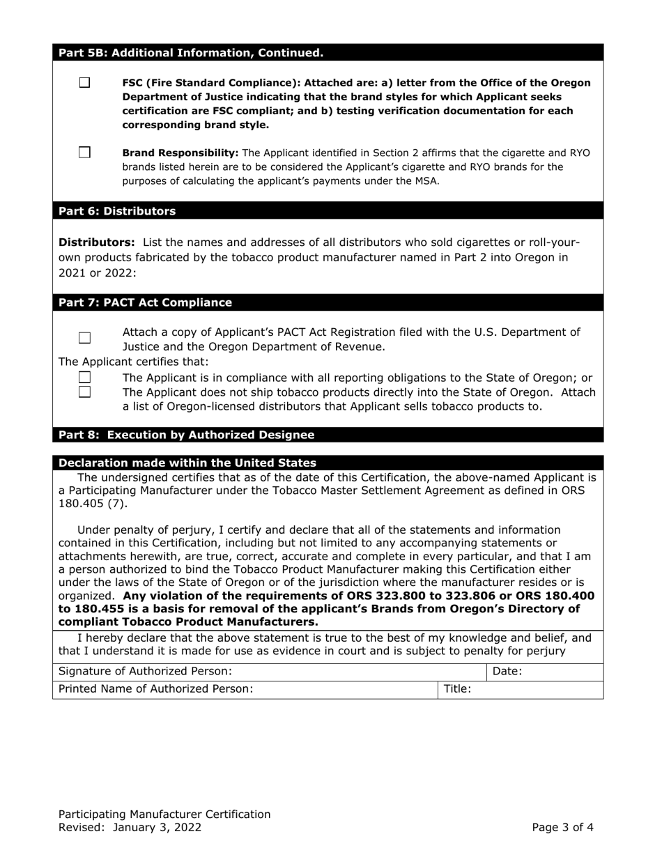 Participating Manufacturer Certification for Listing on the Oregon Tobacco Directory - Oregon, Page 3
