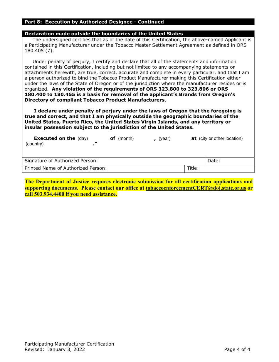 Participating Manufacturer Certification for Listing on the Oregon Tobacco Directory - Oregon, Page 4